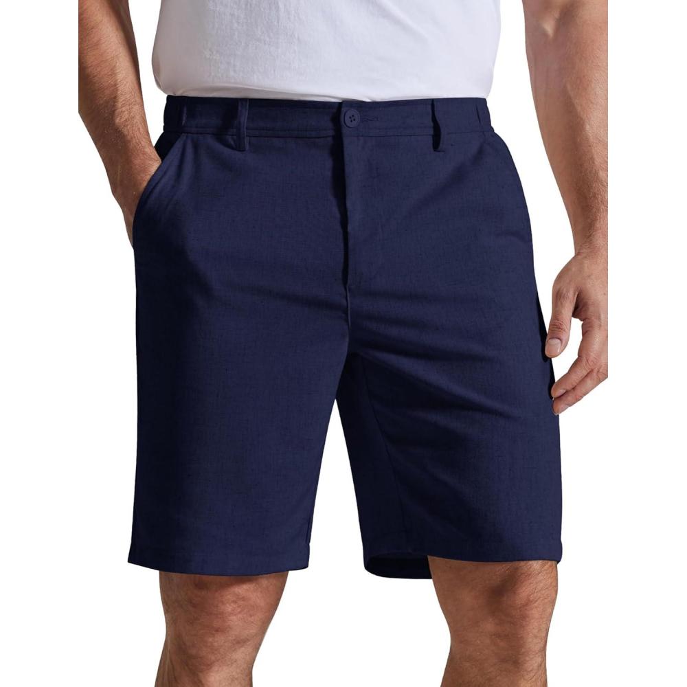 imageCOOFANDY Mens Casual Shorts 9 Flat Front Elastic Waist Linen Dress Shorts Lightweight Summer Outfits with PocketsNavy Blue