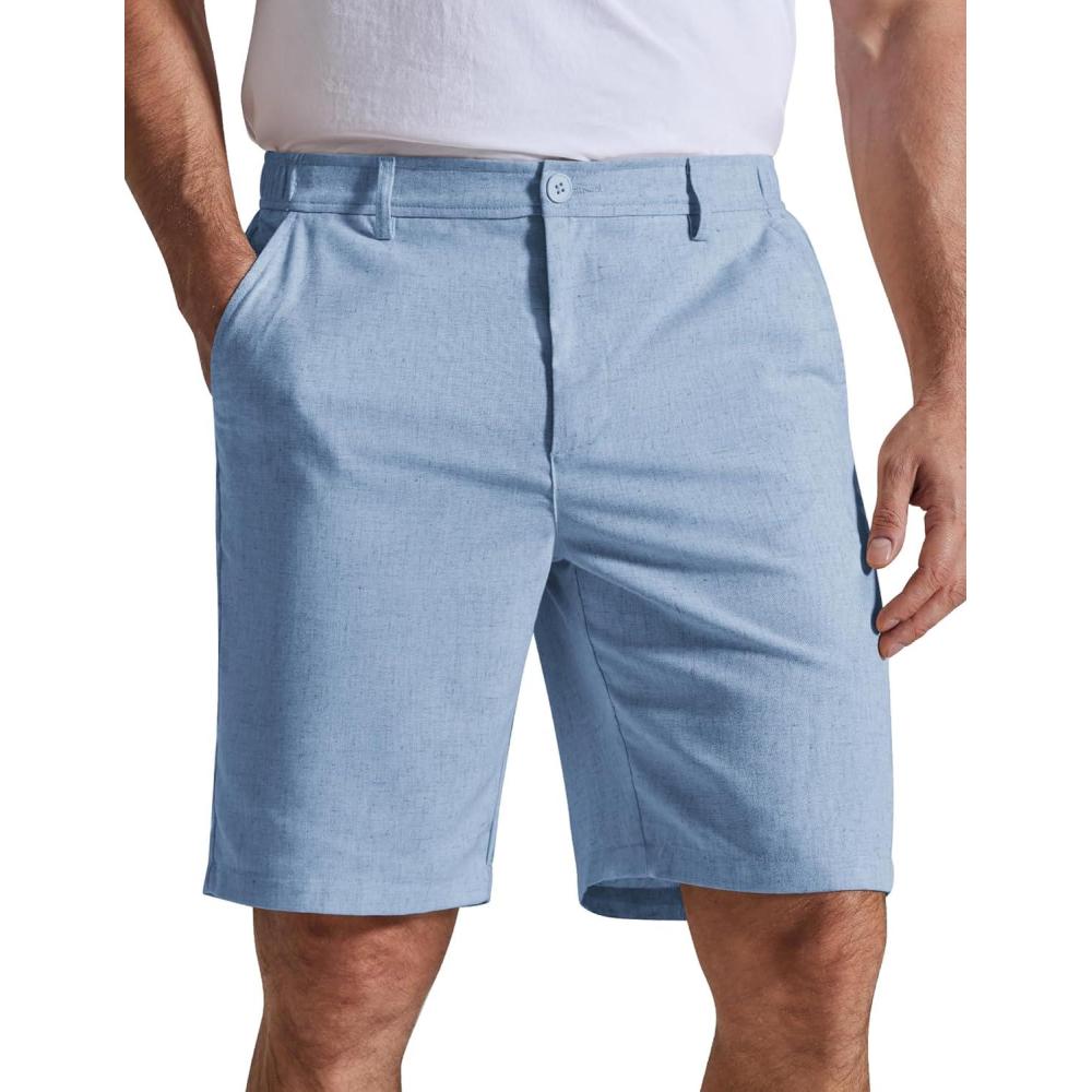 imageCOOFANDY Mens Casual Shorts 9 Flat Front Elastic Waist Linen Dress Shorts Lightweight Summer Outfits with PocketsSky Blue
