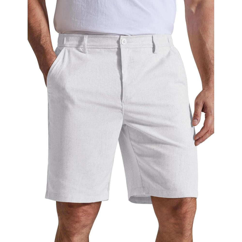 imageCOOFANDY Mens Casual Shorts 9 Flat Front Elastic Waist Linen Dress Shorts Lightweight Summer Outfits with PocketsWhite