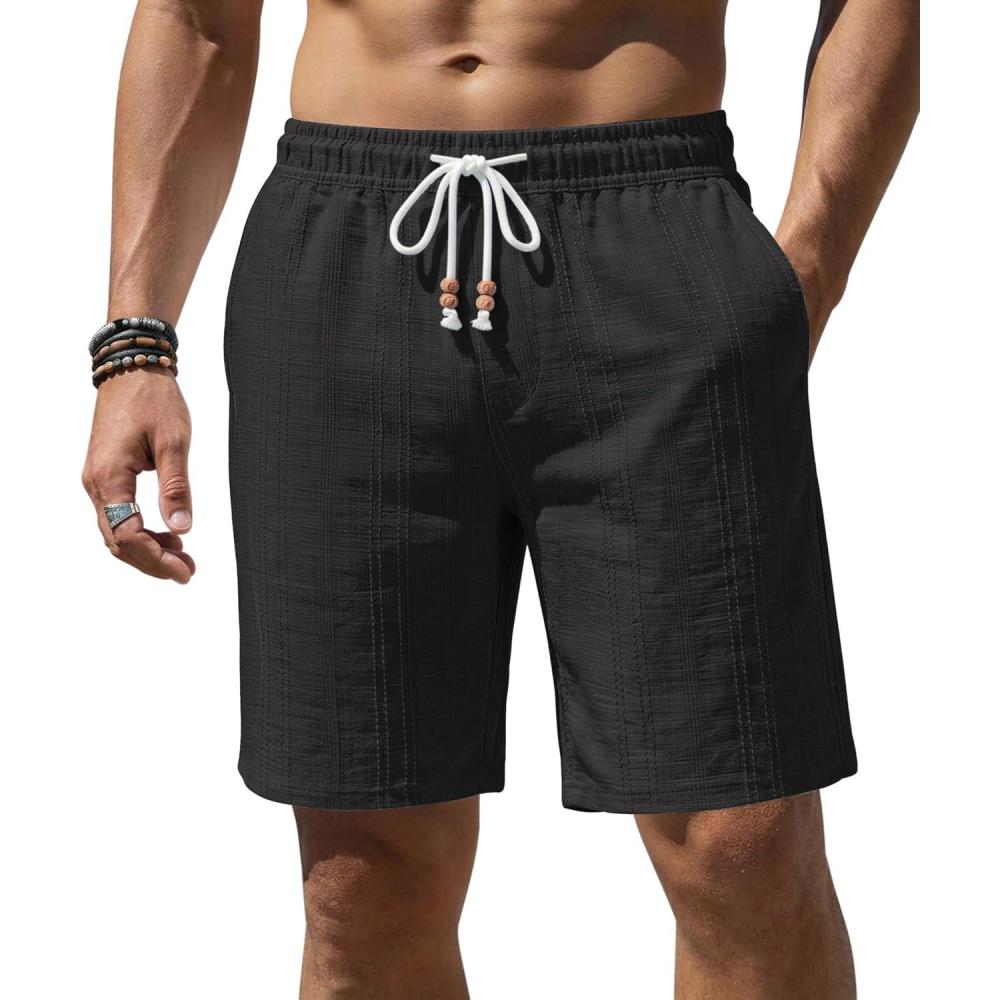 imageCOOFANDY Mens Casual Shorts 9 Summer Beach Shorts Drawstring Elastic Waist Shorts with PocketsBlack