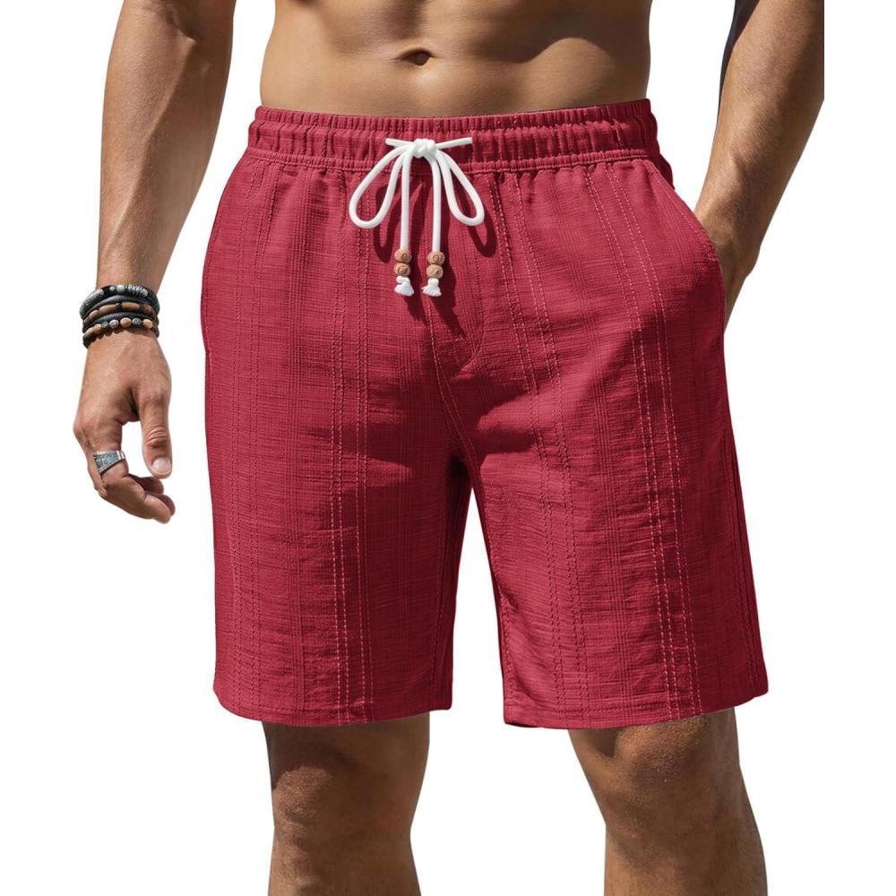 imageCOOFANDY Mens Casual Shorts 9 Summer Beach Shorts Drawstring Elastic Waist Shorts with PocketsDark Red