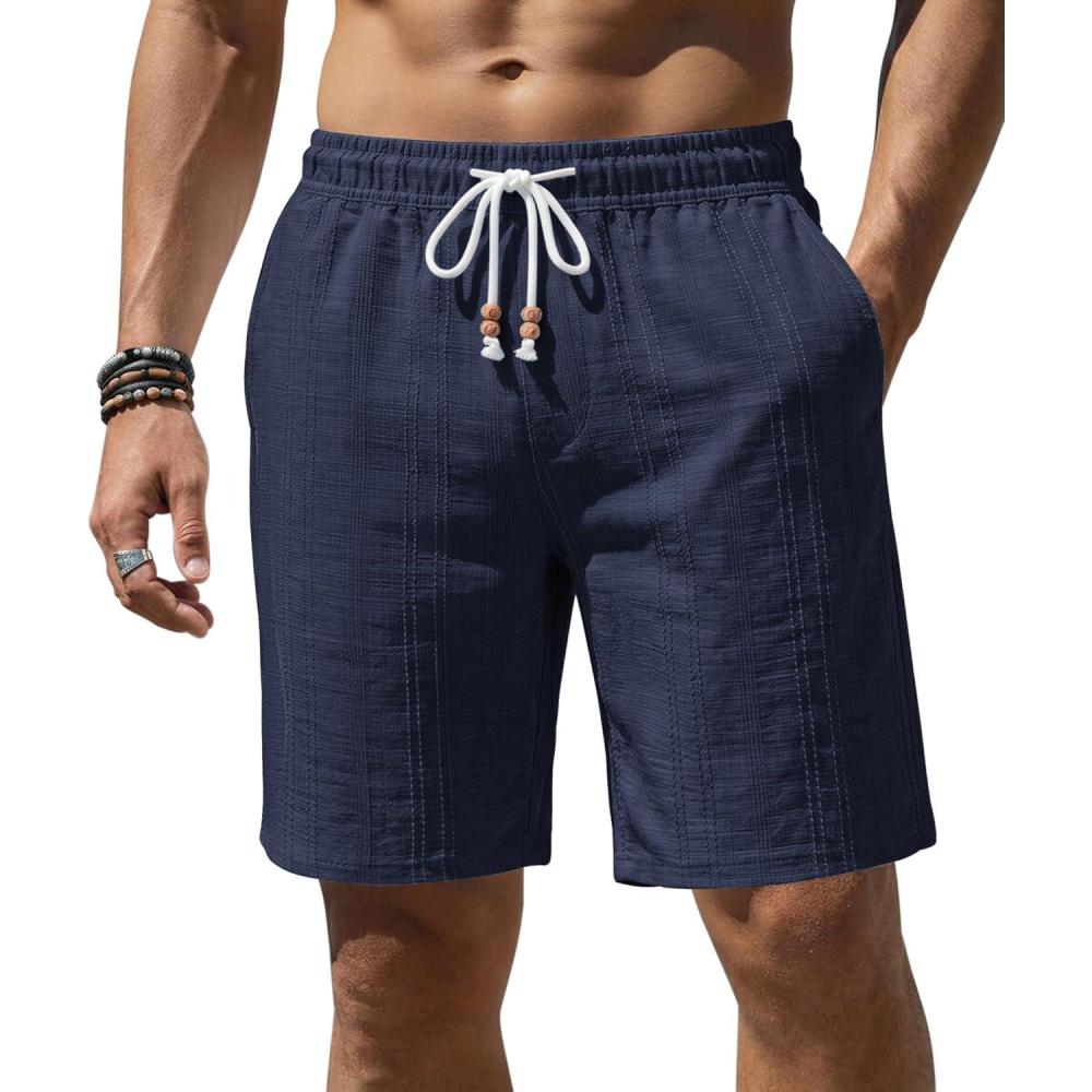 imageCOOFANDY Mens Casual Shorts 9 Summer Beach Shorts Drawstring Elastic Waist Shorts with PocketsNavy Blue