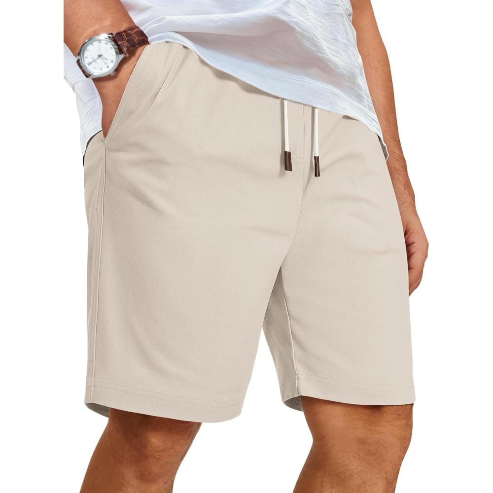 imageCOOFANDY Mens Casual Shorts Cotton Elastic Waist Shorts Drawstring Summer Beach ShortsLight Khaki
