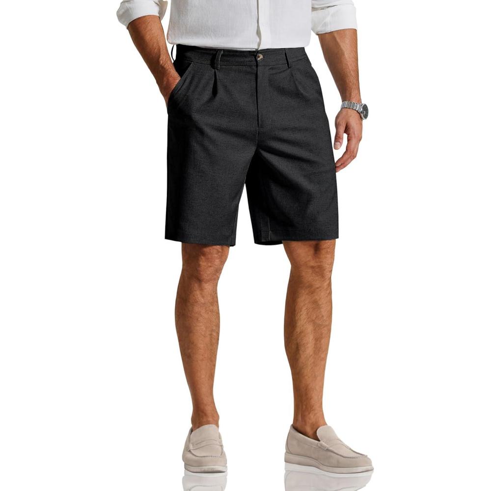 imageCOOFANDY Mens Casual Shorts Pleated Front 9 Linen Textured Dress ShortsBlack