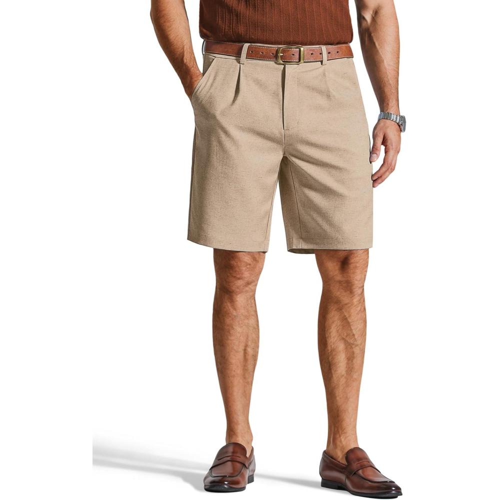 imageCOOFANDY Mens Casual Shorts Pleated Front 9 Linen Textured Dress ShortsKhaki