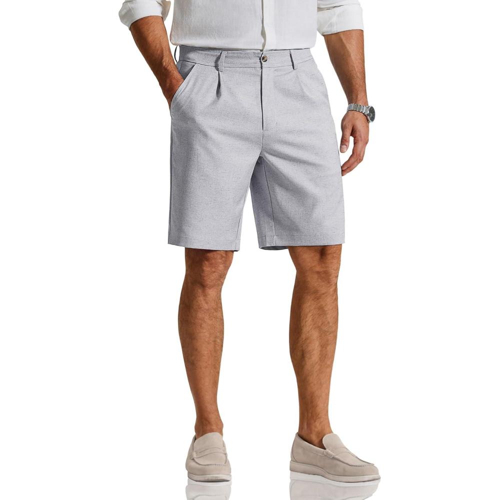 imageCOOFANDY Mens Casual Shorts Pleated Front 9 Linen Textured Dress ShortsLight Grey
