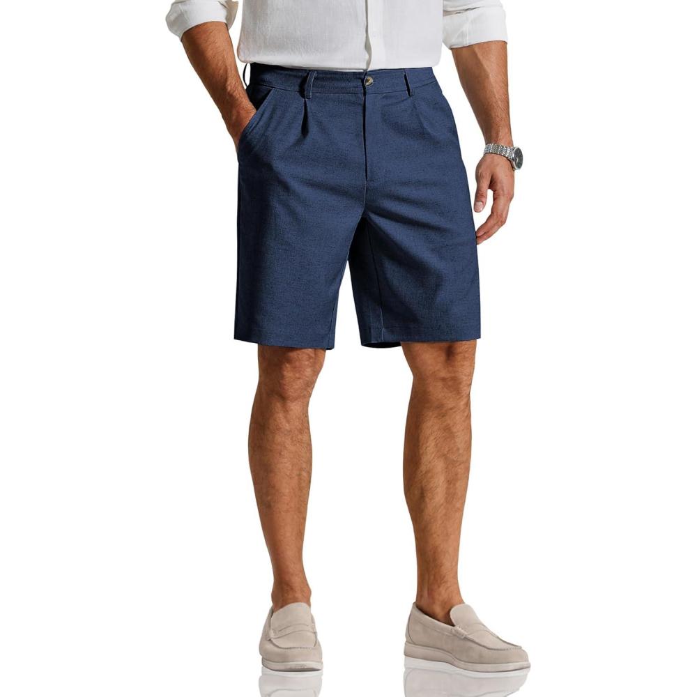imageCOOFANDY Mens Casual Shorts Pleated Front 9 Linen Textured Dress ShortsNavy