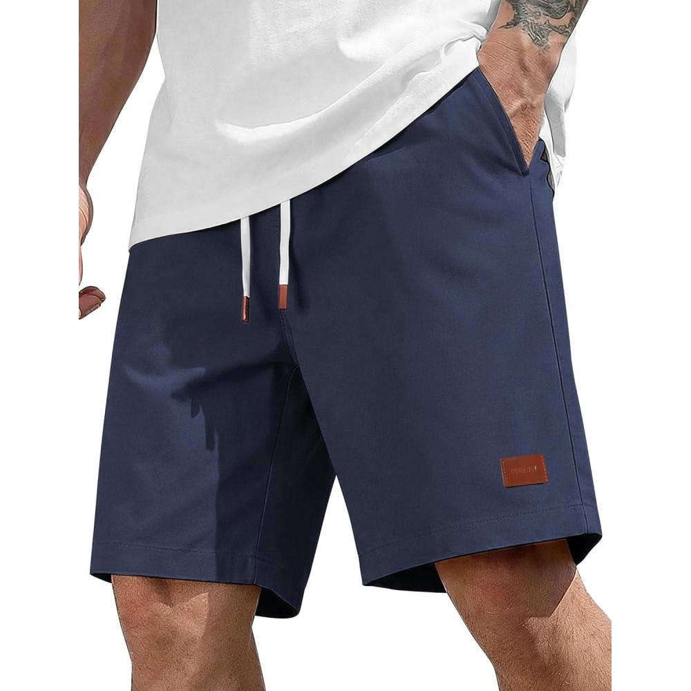 imageCOOFANDY Mens Cotton Chino Shorts 9 Inch Casual Shorts Elastic Waist Drawstring Summer Beach Shorts with PocketsNavy Blue