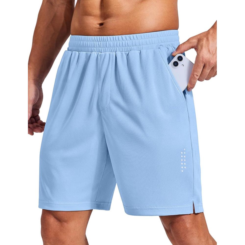 imageCOOFANDY Mens Gym Athletic Shorts with Zipper Pockets Quick Dry 7 Workout Running Training ShortsLight Blue