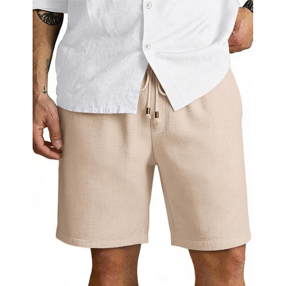 imageCOOFANDY Mens Linen Shorts 9 Casual Summer Beach Shorts Elastic Waist Drawstring Vacation Short with PocketsLight Khaki