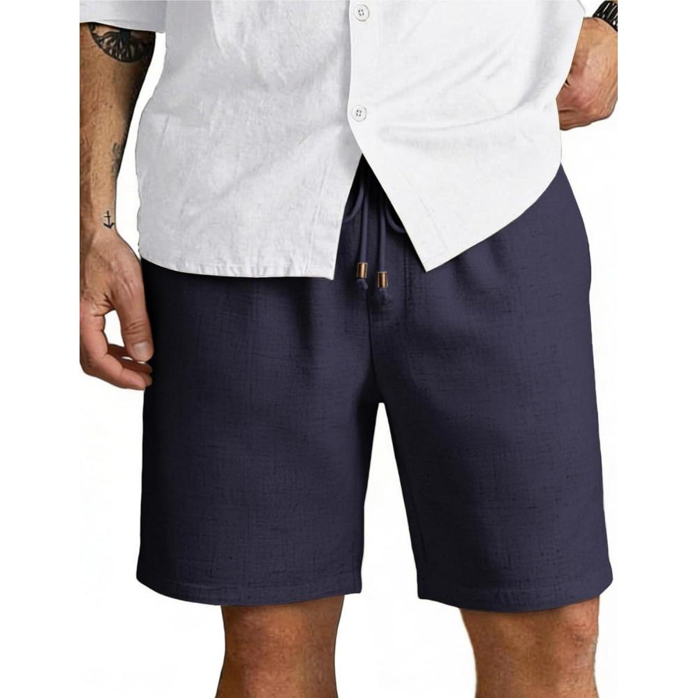 imageCOOFANDY Mens Linen Shorts 9 Casual Summer Beach Shorts Elastic Waist Drawstring Vacation Short with PocketsNavy Blue
