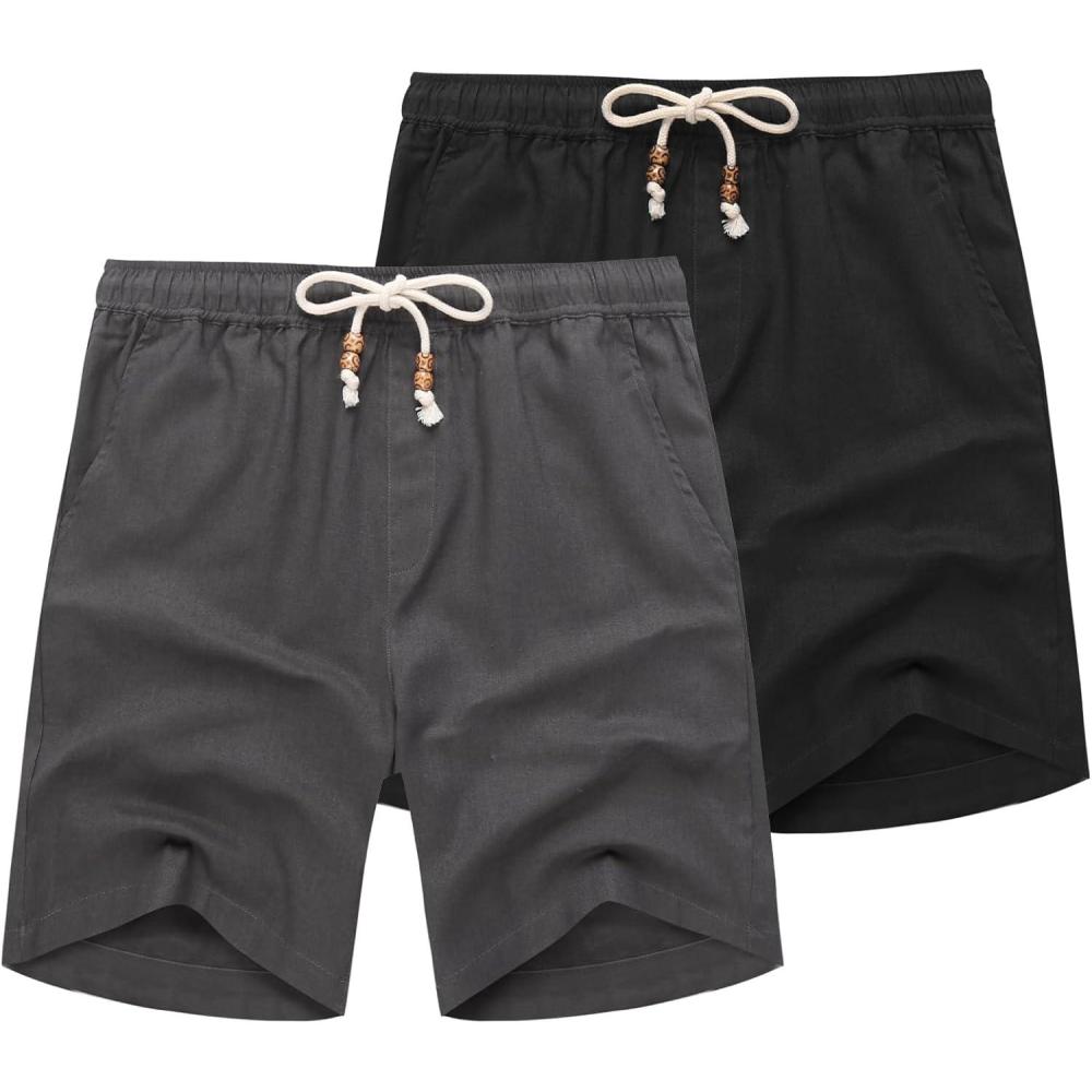 imageCOOFANDY Mens Linen Shorts Casual 9 7 Elastic Waist Drawstring Summer Beach ShortsBlack Dark Grey