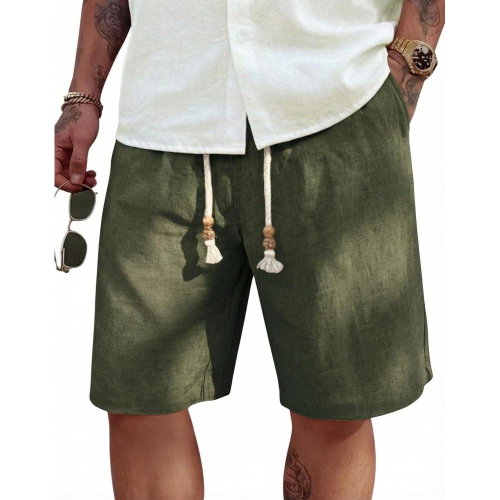 imageCOOFANDY Mens Linen Shorts Casual 9 7 Elastic Waist Drawstring Summer Beach ShortsGreen