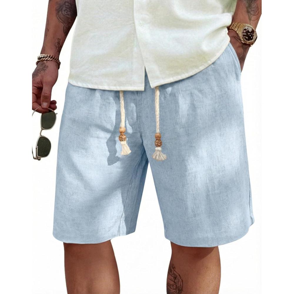 imageCOOFANDY Mens Linen Shorts Casual 9 7 Elastic Waist Drawstring Summer Beach ShortsLight Blue