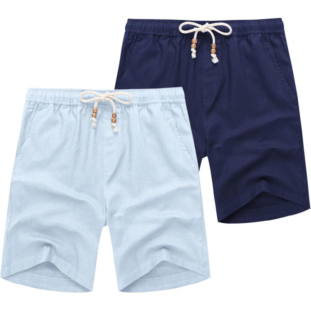 imageCOOFANDY Mens Linen Shorts Casual 9 7 Elastic Waist Drawstring Summer Beach ShortsLight Blue Navy Blue