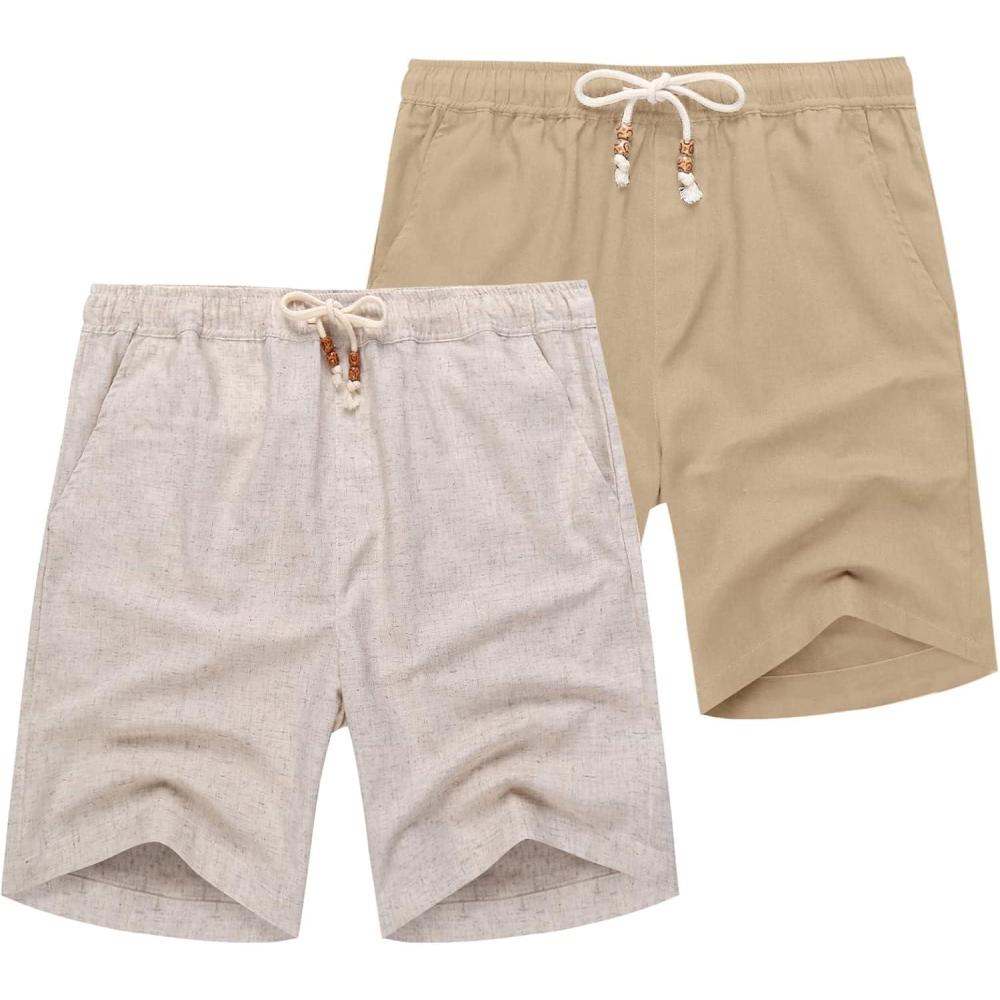 imageCOOFANDY Mens Linen Shorts Casual 9 7 Elastic Waist Drawstring Summer Beach ShortsLight Khaki Dark Khaki