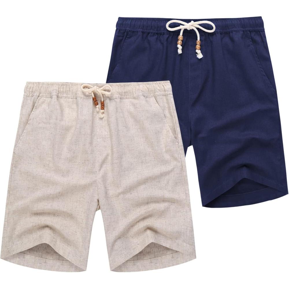 imageCOOFANDY Mens Linen Shorts Casual 9 7 Elastic Waist Drawstring Summer Beach ShortsLight Khaki Navy Blue