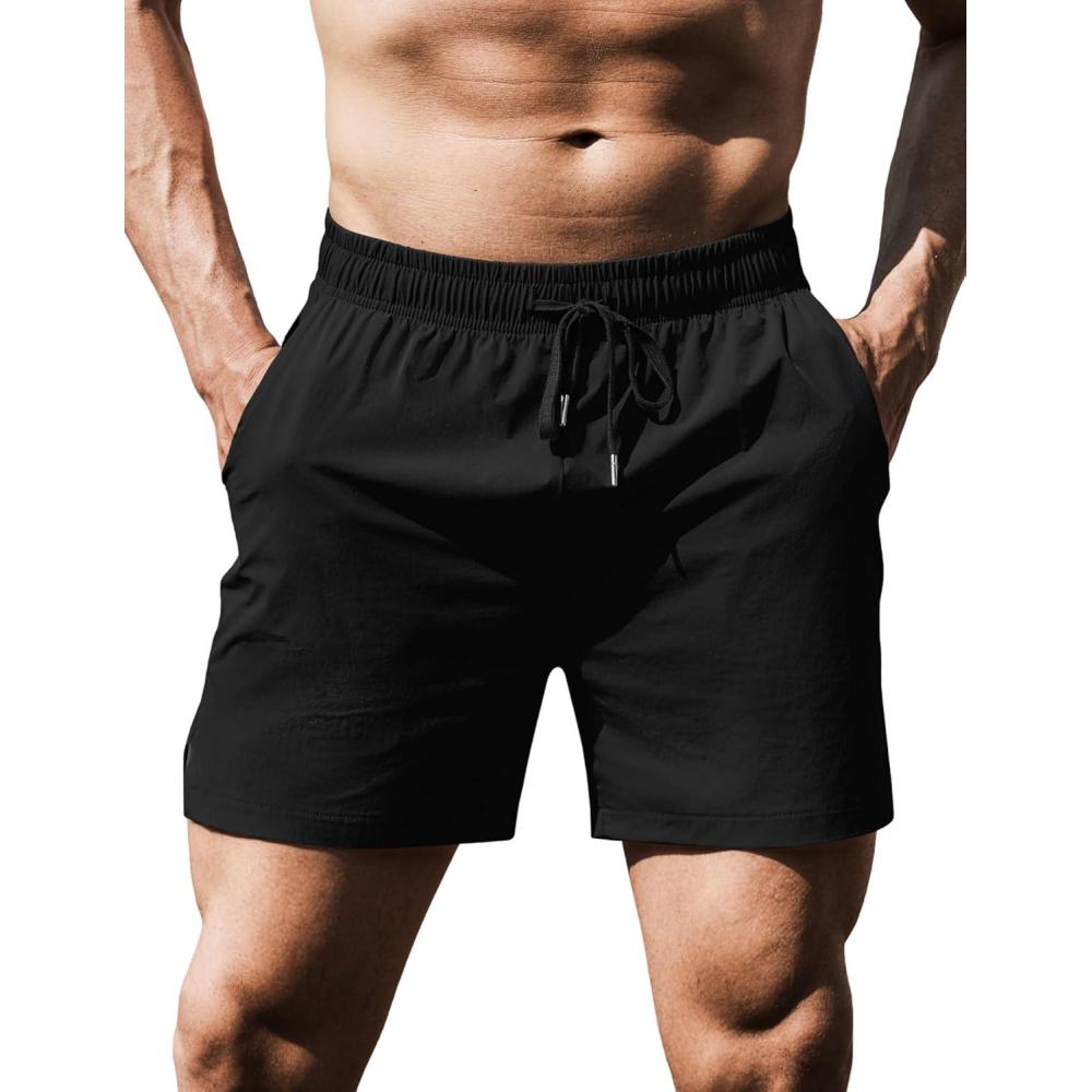 imageCOOFANDY Mens Running Athletic Shorts 5 Inch 2 Pack Gym Workout Shorts Fitted Exercise Hiking Shorts with Zipper PocketBlack