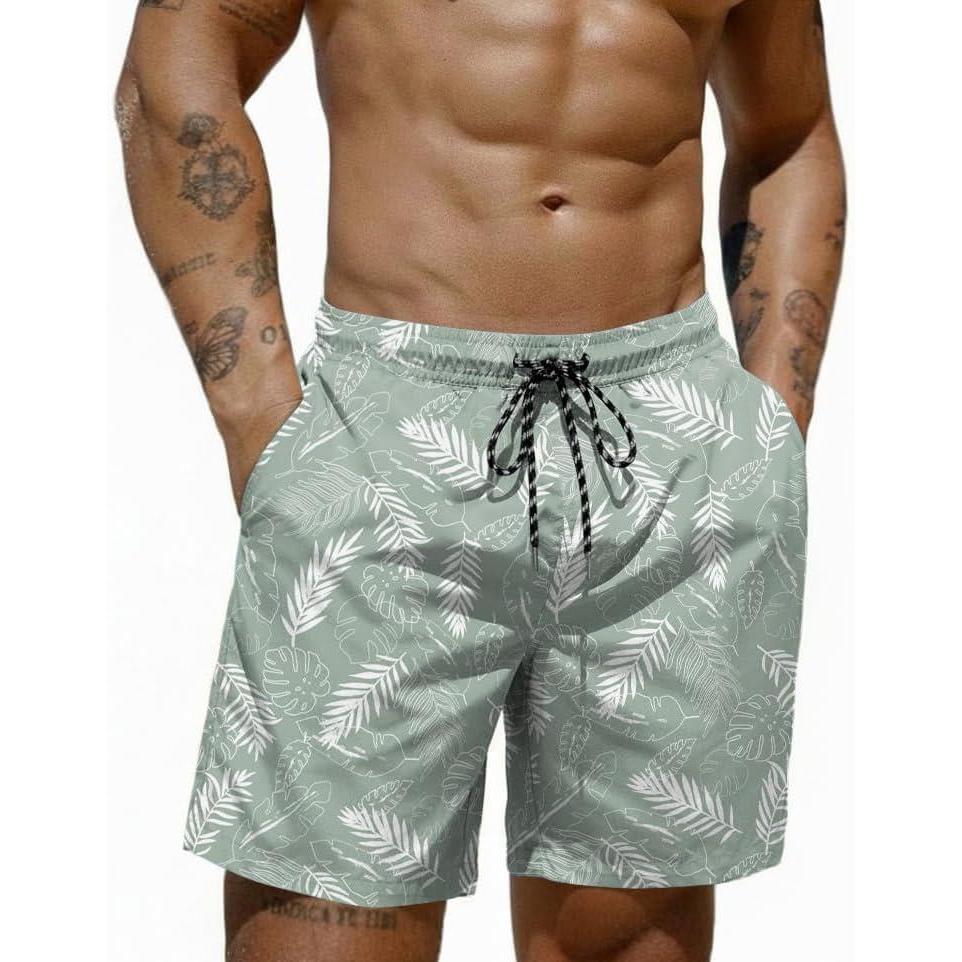 imageCOOFANDY Mens Swim Trunks 7 inch Bathing Suit with Mesh Liner Swim Shorts Board Short SwimsuitLight Green and White Leaves