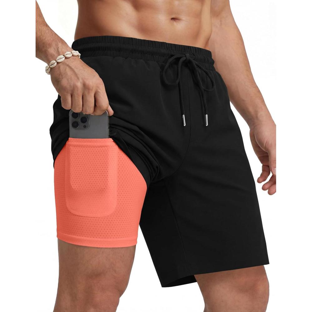 imageCOOFANDY Mens Swim Trunks with Compression Liner Quick Dry 7 Inch Bathing Suit Beach Short with Zipper PocketsBlack