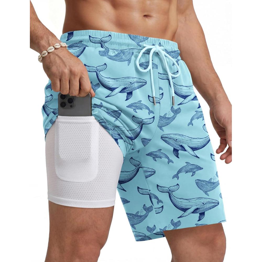 imageCOOFANDY Mens Swim Trunks with Compression Liner Quick Dry 7 Inch Bathing Suit Beach Short with Zipper PocketsOcean Whale