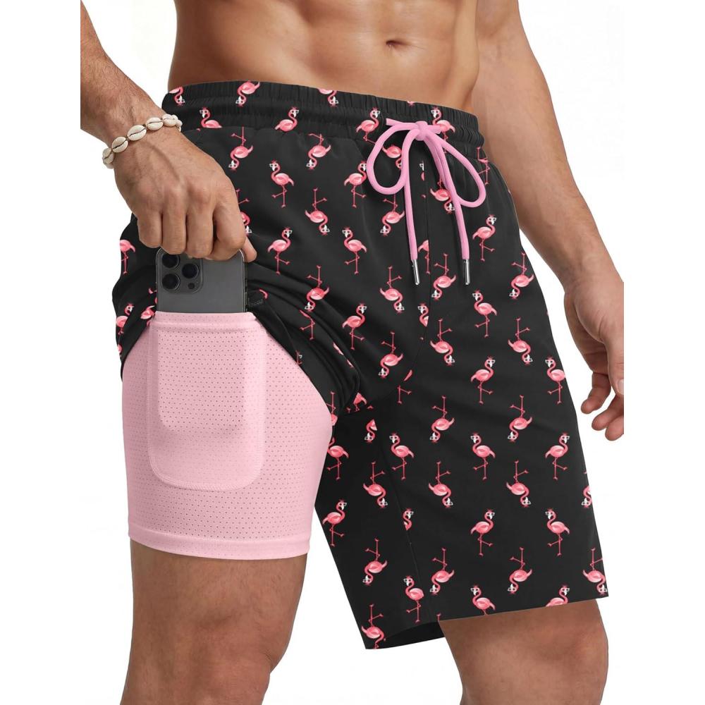 imageCOOFANDY Mens Swim Trunks with Compression Liner Quick Dry 7 Inch Bathing Suit Beach Short with Zipper PocketsPink Flamingo