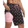 COOFANDY Mens Swim Trunks with Compression Liner Quick Dry 7 Inch Bathing Suit Beach Short with Zipper Pockets(Pink Flamingo)