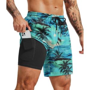 COOFANDY Men’s 7″ Swim Trunks with Compression Liner Quick Dry 2 in 1 Bathing Suit Beach Swimwear Board Shorts with Pockets(Green Coconut Trees)