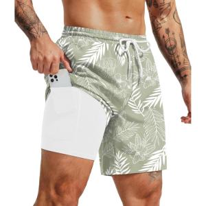 COOFANDY Men’s 7″ Swim Trunks with Compression Liner Quick Dry 2 in 1 Bathing Suit Beach Swimwear Board Shorts with Pockets(White Leaves)