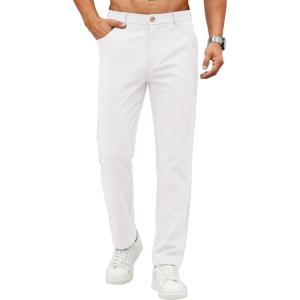 COOFANDY Men’s Casual Pants Elastic Waist Flat Front Dress Slacks Regular Fit Stretch Golf Pants Work Office Trousers(White)