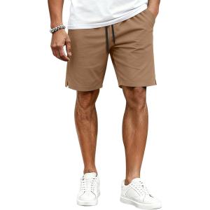 COOFANDY Mens Casual Shorts Cotton Drawstring Elastic Waist Lightweight 9″ Chino Golf Shorts Summer Beach Shorts(Dark Khaki)