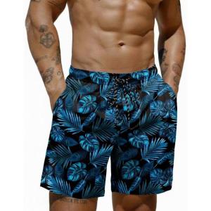 COOFANDY Mens Swim Trunks 7 inch Bathing Suit with Mesh Liner Swim Shorts Board Short Swimsuit(Blue Leaves on Black)