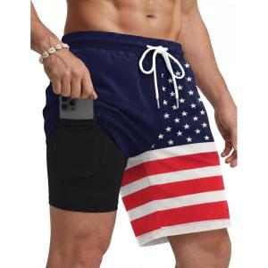 COOFANDY Mens Swim Trunks with Compression Liner Quick Dry 7 Inch Bathing Suit Beach Short with Zipper Pockets(American Flag)