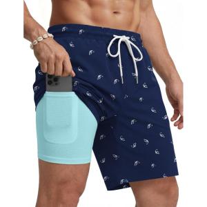 COOFANDY Mens Swim Trunks with Compression Liner Quick Dry 7 Inch Bathing Suit Beach Short with Zipper Pockets(Blue Shark)