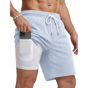 COOFANDY Mens Swim Trunks with Compression Liner Quick Dry 7 Inch Bathing Suit Beach Short with Zipper Pockets(Blue Stripe)