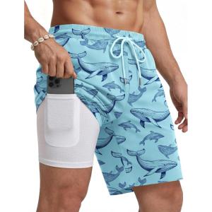 COOFANDY Mens Swim Trunks with Compression Liner Quick Dry 7 Inch Bathing Suit Beach Short with Zipper Pockets(Ocean Whale)