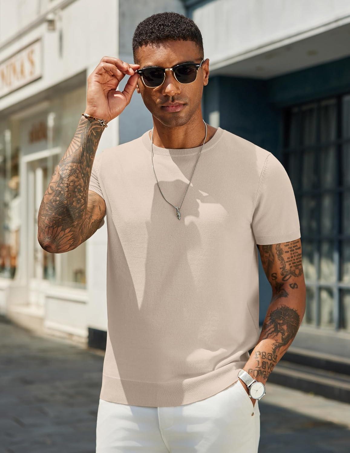 imageCOOFANDY Mens Casual TShirts Short Sleeve Crewneck Pullover Classic Knit Tee ShirtsBeige
