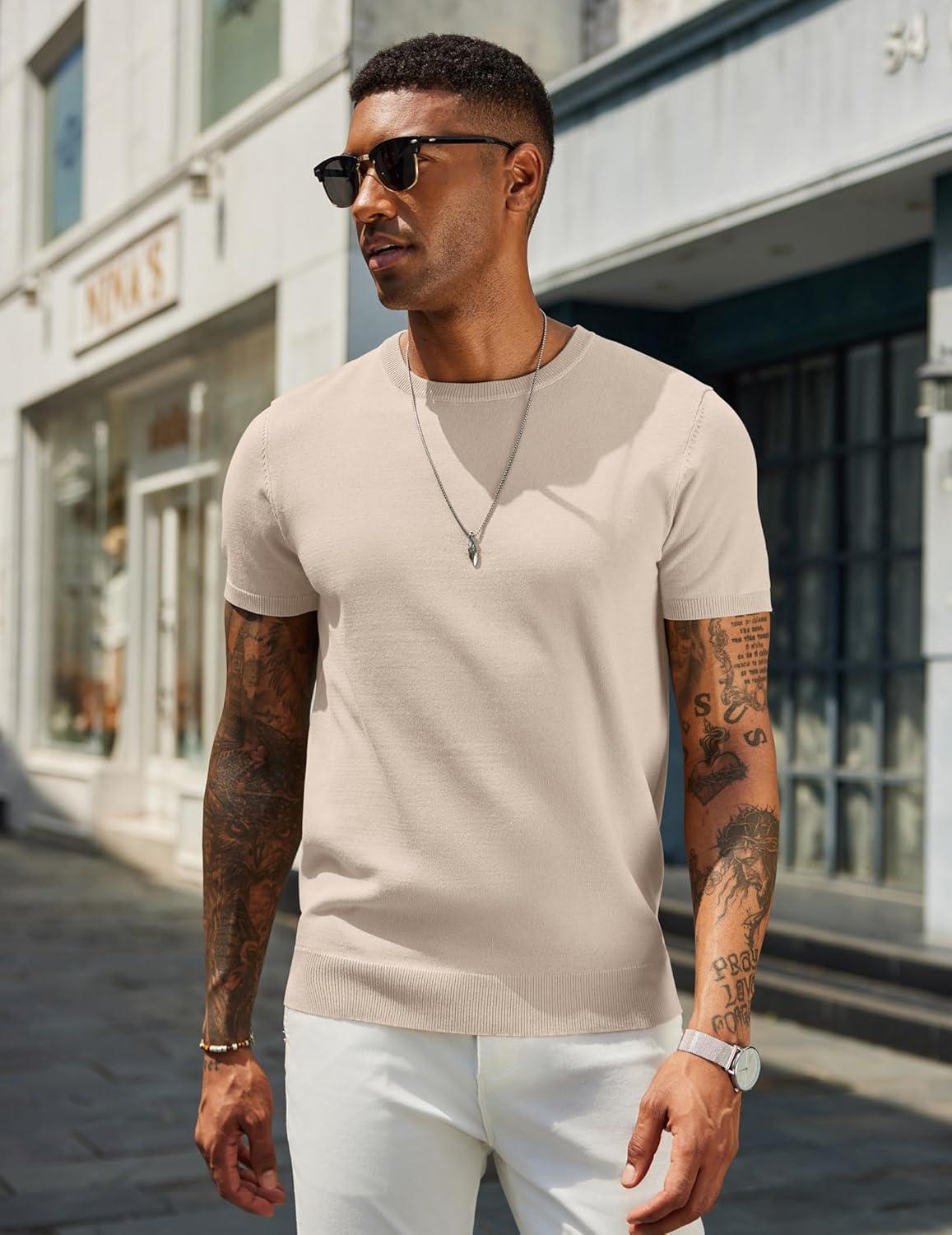 imageCOOFANDY Mens Casual TShirts Short Sleeve Crewneck Pullover Classic Knit Tee ShirtsBeige