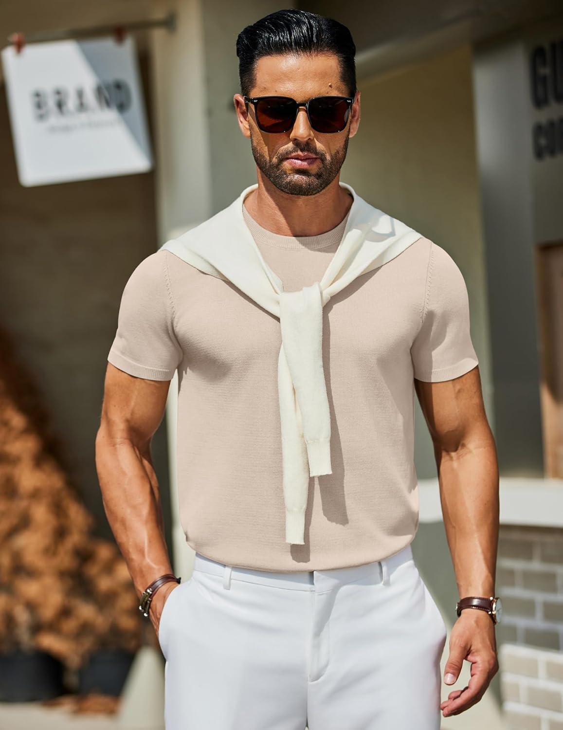 imageCOOFANDY Mens Casual TShirts Short Sleeve Crewneck Pullover Classic Knit Tee ShirtsBeige