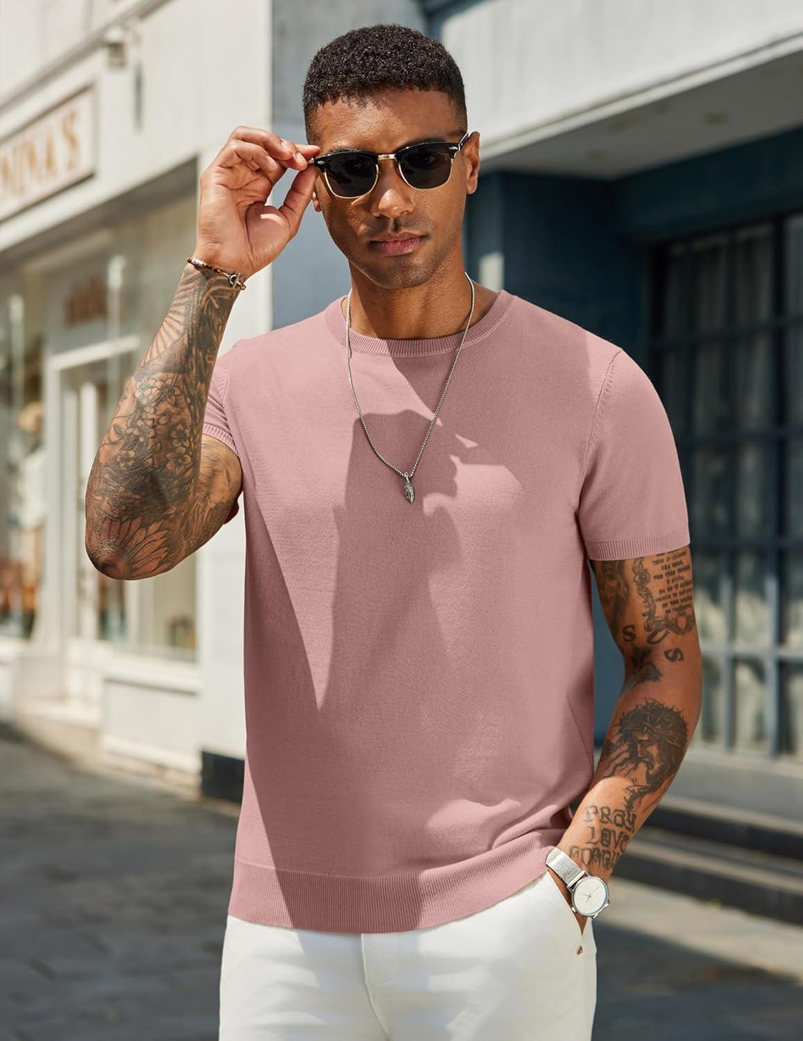 imageCOOFANDY Mens Casual TShirts Short Sleeve Crewneck Pullover Classic Knit Tee ShirtsPink