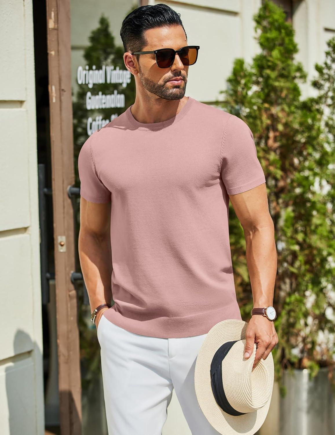 imageCOOFANDY Mens Casual TShirts Short Sleeve Crewneck Pullover Classic Knit Tee ShirtsPink