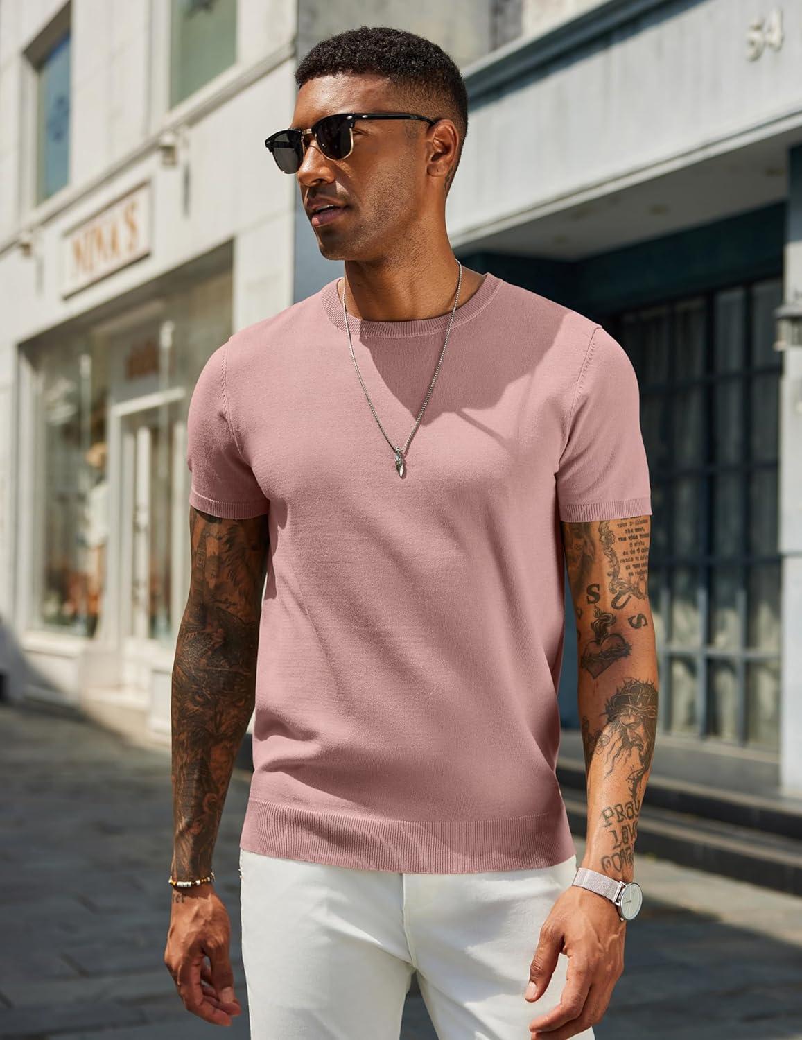 imageCOOFANDY Mens Casual TShirts Short Sleeve Crewneck Pullover Classic Knit Tee ShirtsPink