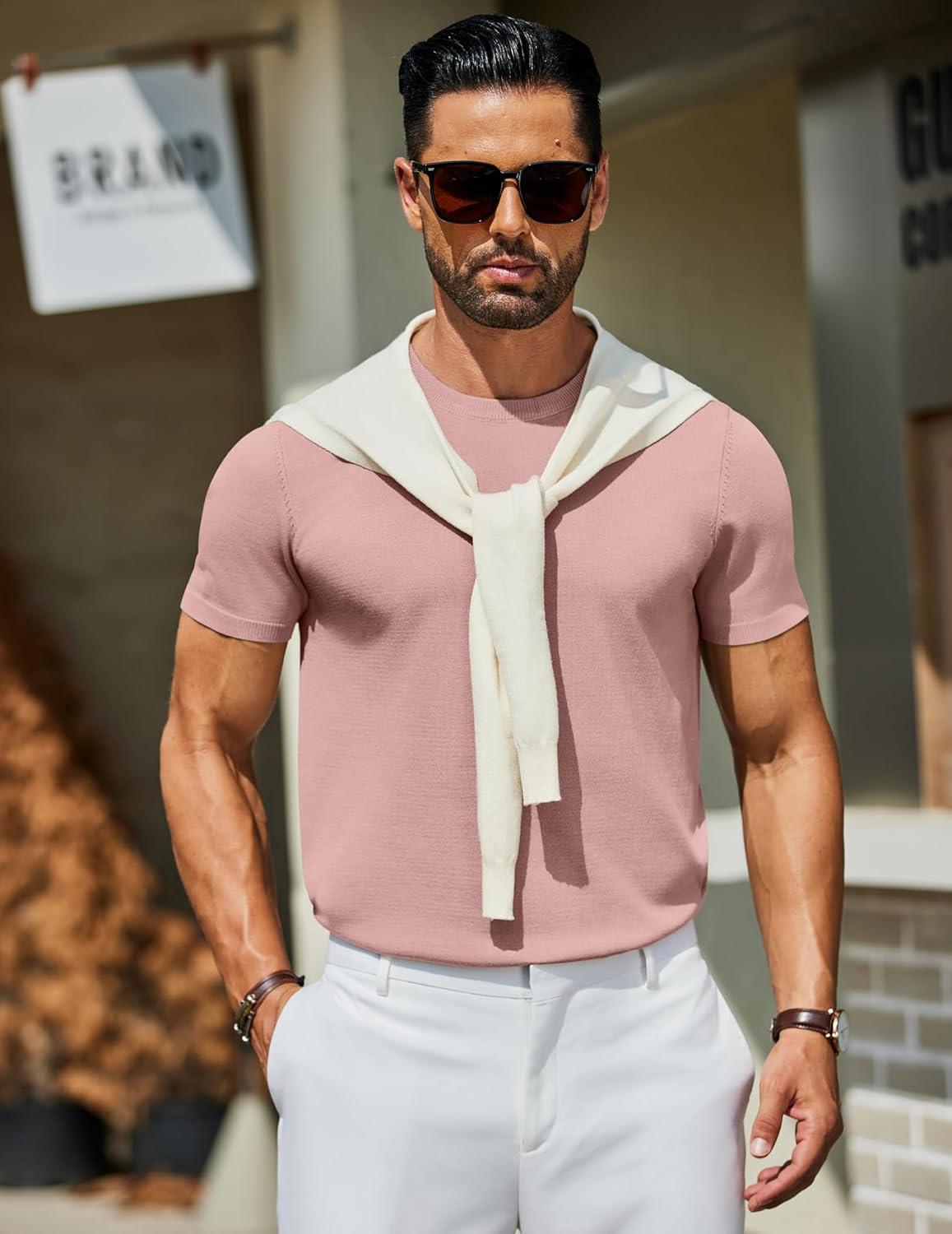 imageCOOFANDY Mens Casual TShirts Short Sleeve Crewneck Pullover Classic Knit Tee ShirtsPink