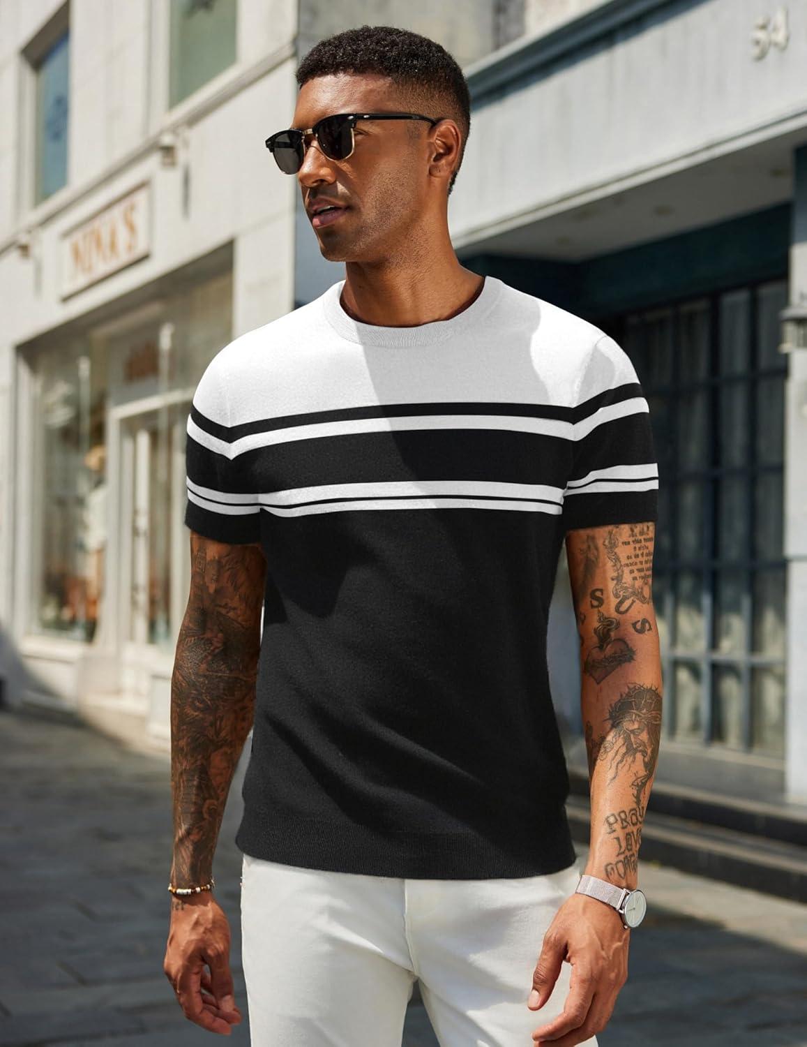 imageCOOFANDY Mens Casual TShirts Short Sleeve Crewneck Pullover Classic Knit Tee ShirtsStripe Black White