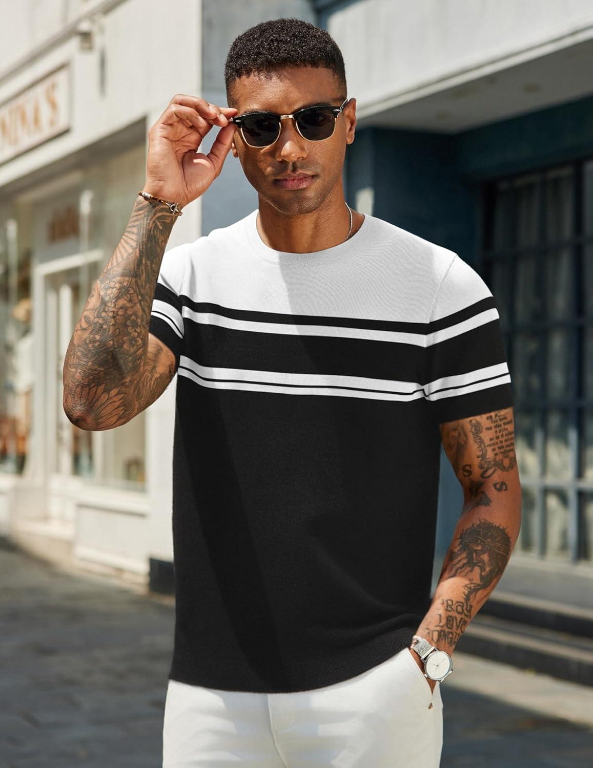 imageCOOFANDY Mens Casual TShirts Short Sleeve Crewneck Pullover Classic Knit Tee ShirtsStripe Black White