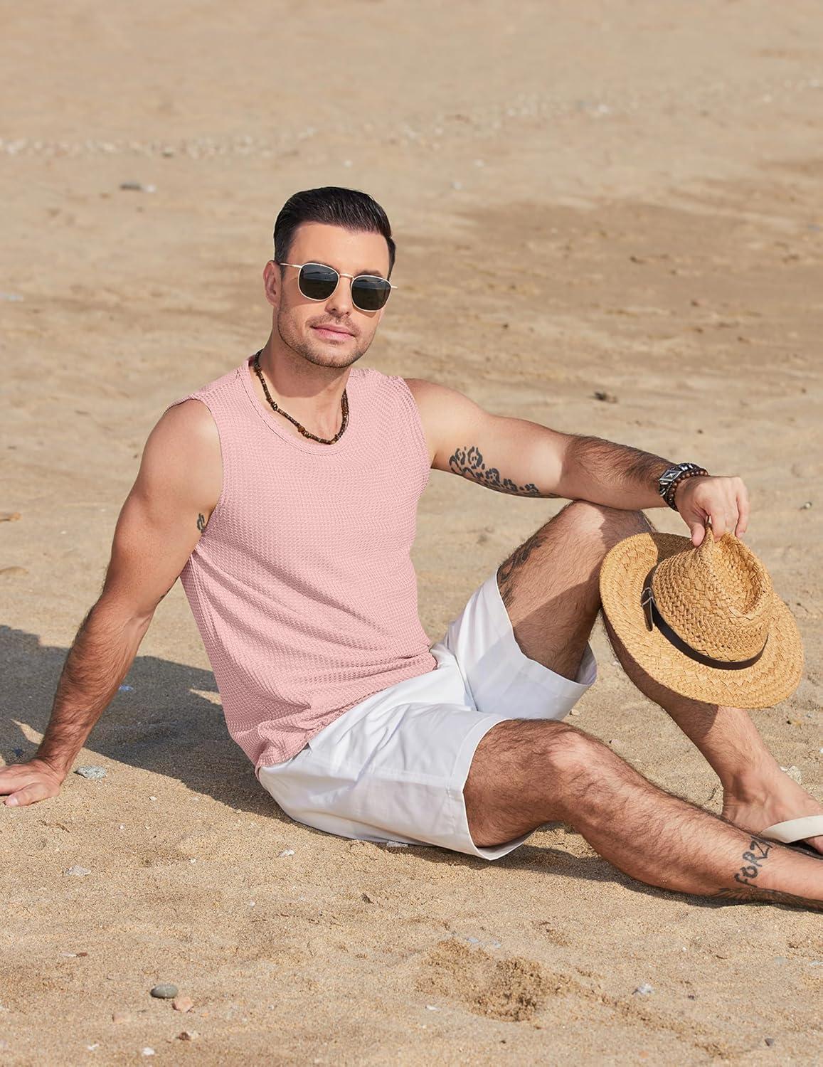 imageCOOFANDY Mens Casual Tank Tops 2 Pack Waffle Knit Sleeveless Shirt Breathable Tank Shirts Summer Muscle TeePink