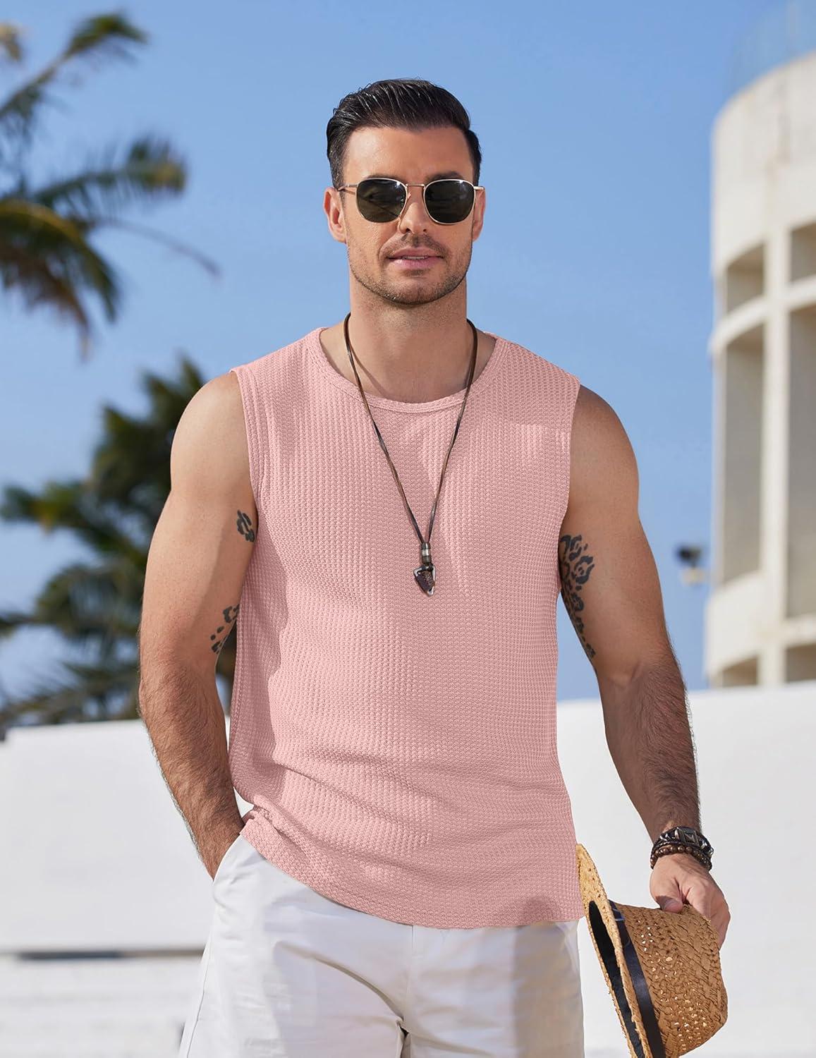 imageCOOFANDY Mens Casual Tank Tops 2 Pack Waffle Knit Sleeveless Shirt Breathable Tank Shirts Summer Muscle TeePink