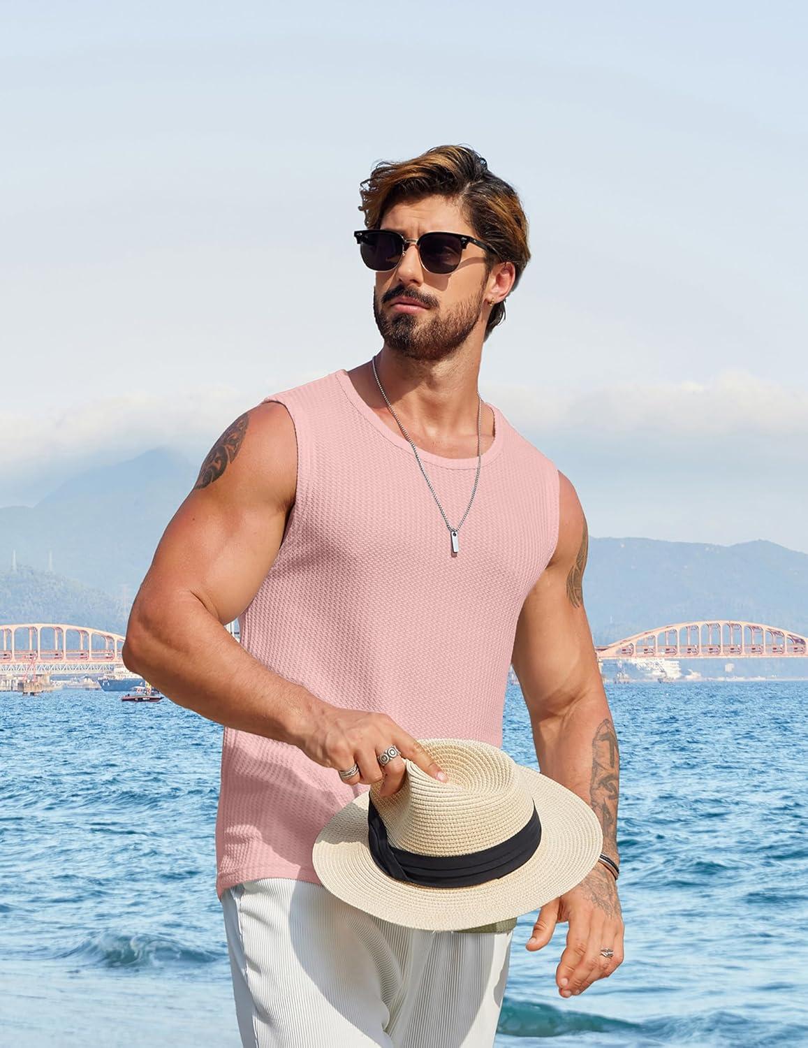 imageCOOFANDY Mens Casual Tank Tops 2 Pack Waffle Knit Sleeveless Shirt Breathable Tank Shirts Summer Muscle TeePink