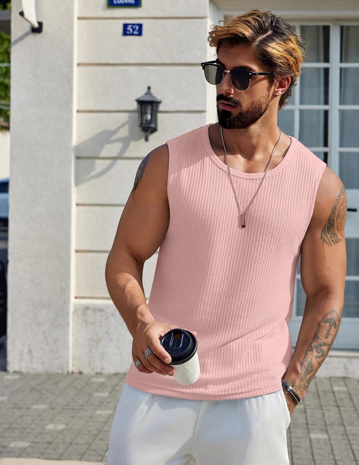 imageCOOFANDY Mens Casual Tank Tops 2 Pack Waffle Knit Sleeveless Shirt Breathable Tank Shirts Summer Muscle TeePink