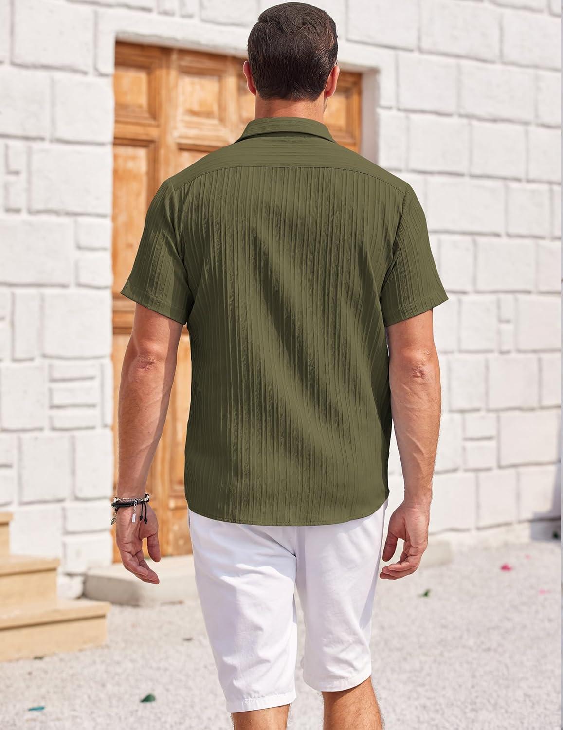 imageCOOFANDY Mens Casual Textured Short Sleeve Button Down Summer Beach ShirtArmy Green